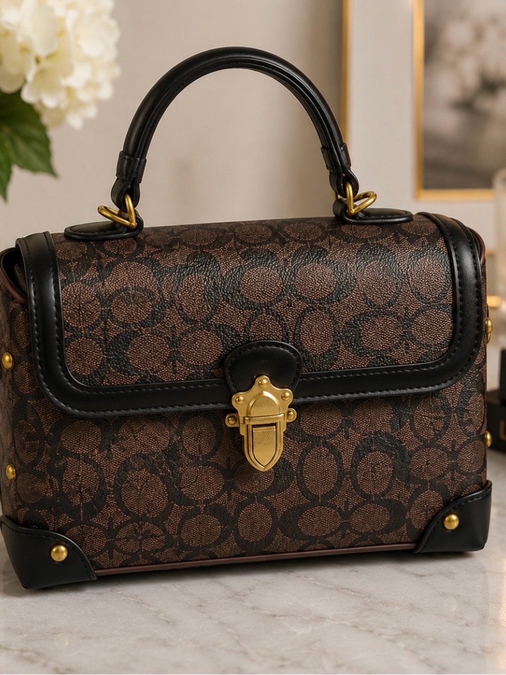 Brown Monogram-Style Structured Satchel Handbag – New - Picture 4 of 4